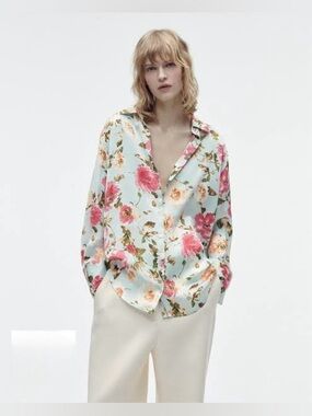 Zara Floral Satin Button-Down Shirt in Light Blue and Pink, Size M